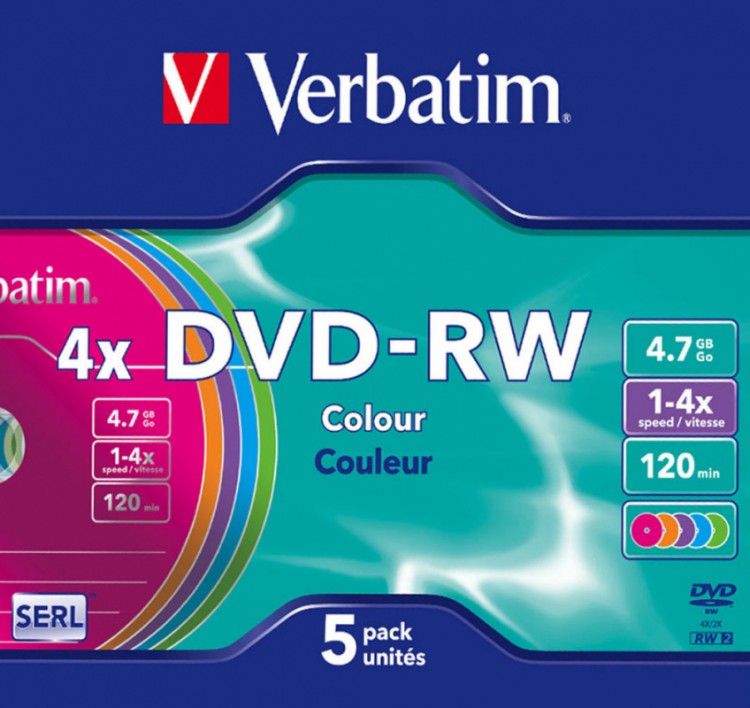 Диск DVD-RW Verbatim 4.7Gb 4x Slim case (5шт) Color (43563)