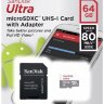 Флеш карта microSDXC 64Gb Class10 Sandisk SDSQUNS-064G-GN3MA Ultra 80 + adapter