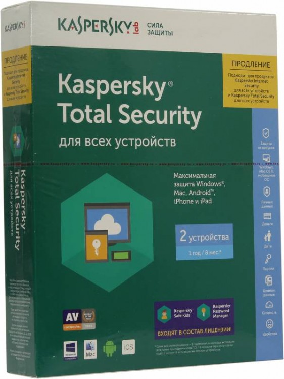 Программное Обеспечение Kaspersky Total Security Multi-Device Rus 2 устройства 1Y Renewal Box (KL1919RBBFR)