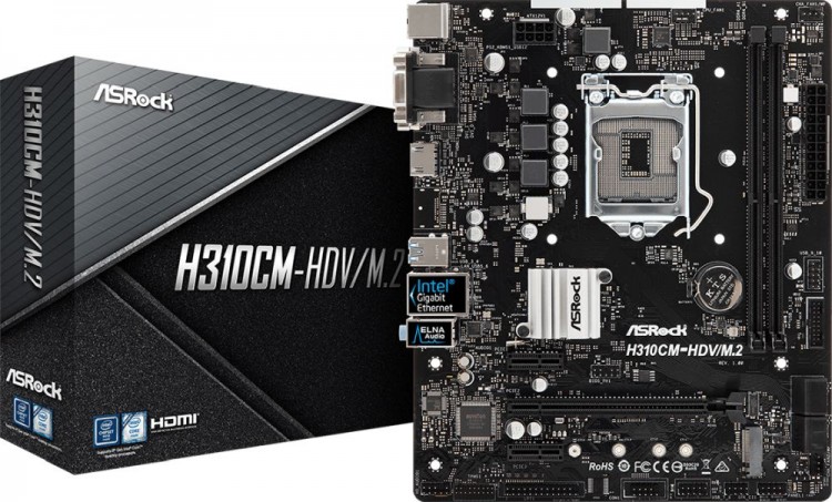 Материнская плата Asrock H310CM-HDV/M.2 Soc-1151v2 Intel H310C 2xDDR4 mATX AC`97 8ch(7.1) GbLAN+VGA+DVI+HDMI