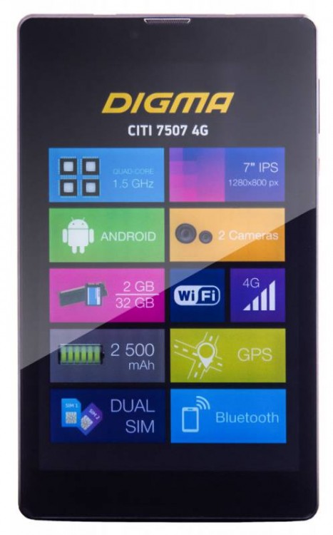 Планшет Digma CITI 7507 4G SC9832 (1.5) 4C/RAM2Gb/ROM32Gb 7" IPS 1280x800/3G/4G/Android 7.0/черный/5Mpix/2Mpix/BT/GPS/WiFi/Touch/microSD 128Gb/minUSB/2500mAh