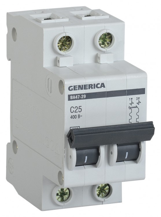 Выключатель автоматический IEK Generica MVA25-2-025-C 25A тип C 4.5kA 2П 400В 2мод серый (упак.:1шт)