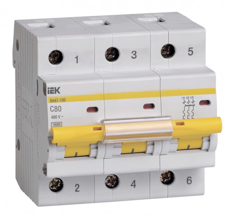 Выключатель автоматический IEK ВА47-100 MVA40-3-080-C 80A тип C 10kA 3П 400В белый